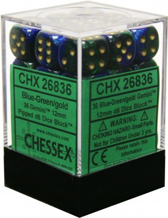Chessex Gemini 3: 12mm D6 Blue-Green Gold/Black (36)