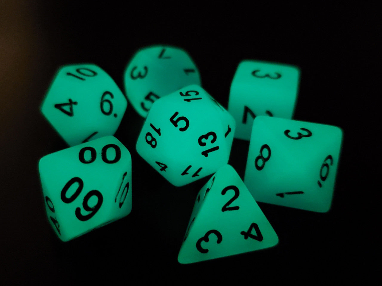 Old School 7 Piece DnD RPG Dice Set: Glow Dice - Blue