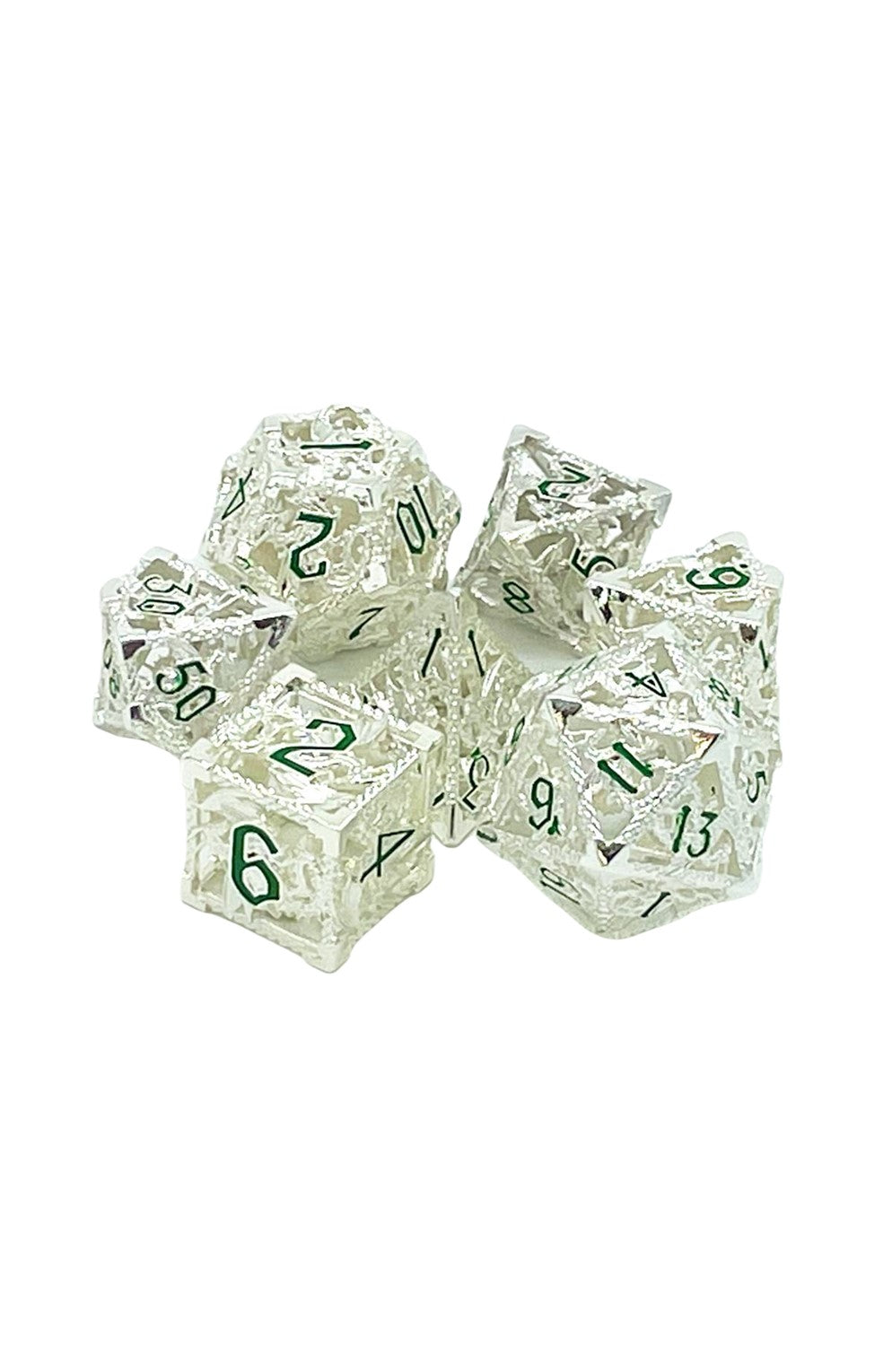 Old School 7 Piece DnD RPG Metal Dice Set: Hollow Dragon Dice - Silver w/ Green