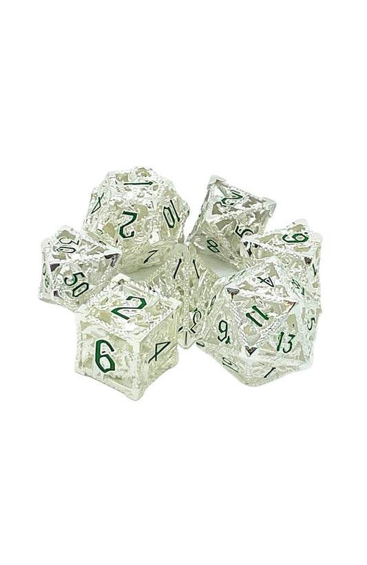 Old School 7 Piece DnD RPG Metal Dice Set: Hollow Dragon Dice - Silver w/ Green