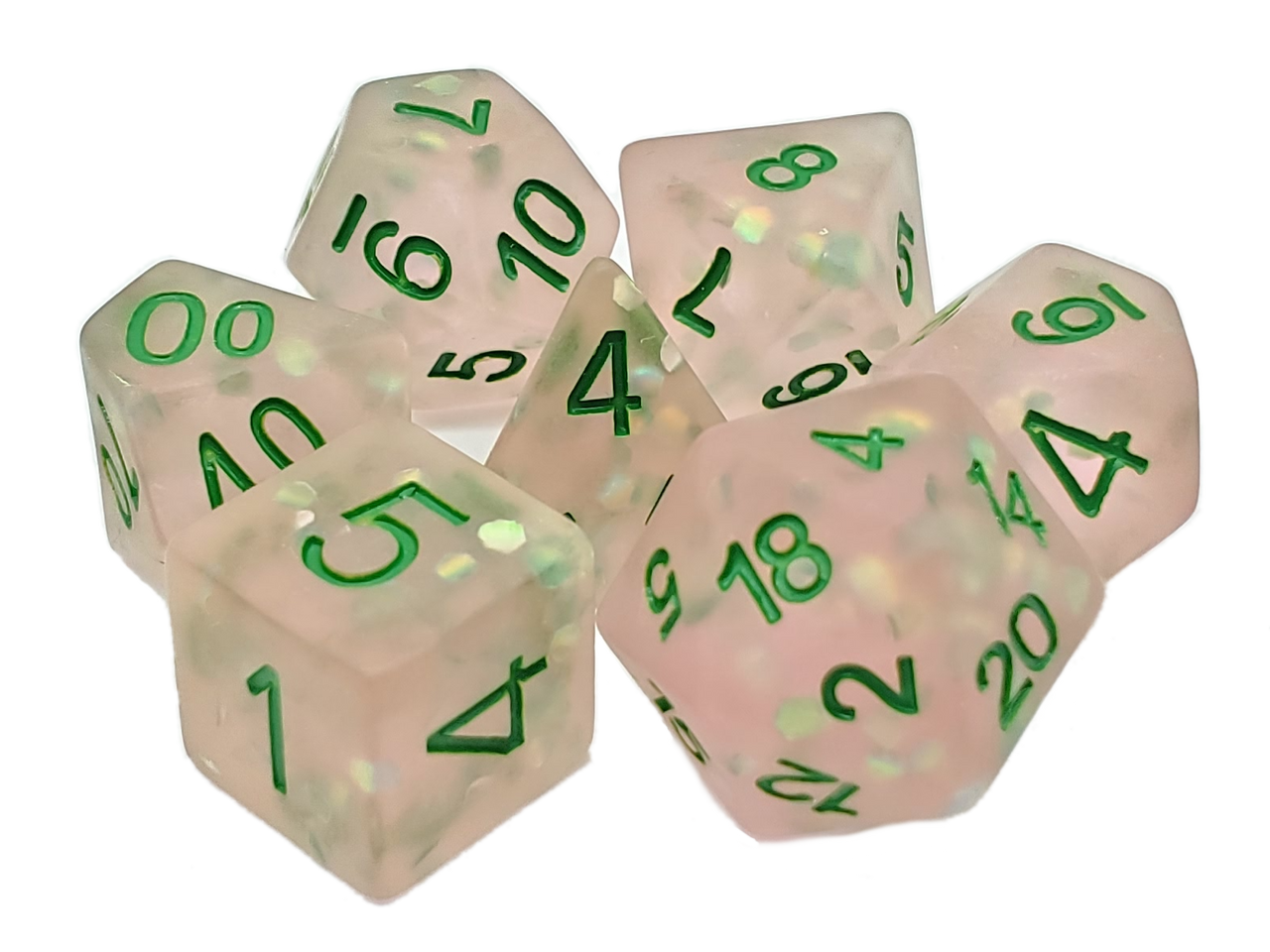 Old School 7 Piece DnD RPG Dice Set: Infused - Frosted Firefly - Pink w/ Green