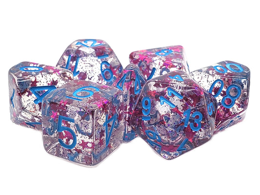 Old School 7 Piece DnD RPG Dice Set: Infused - Red Stars w/ Blue