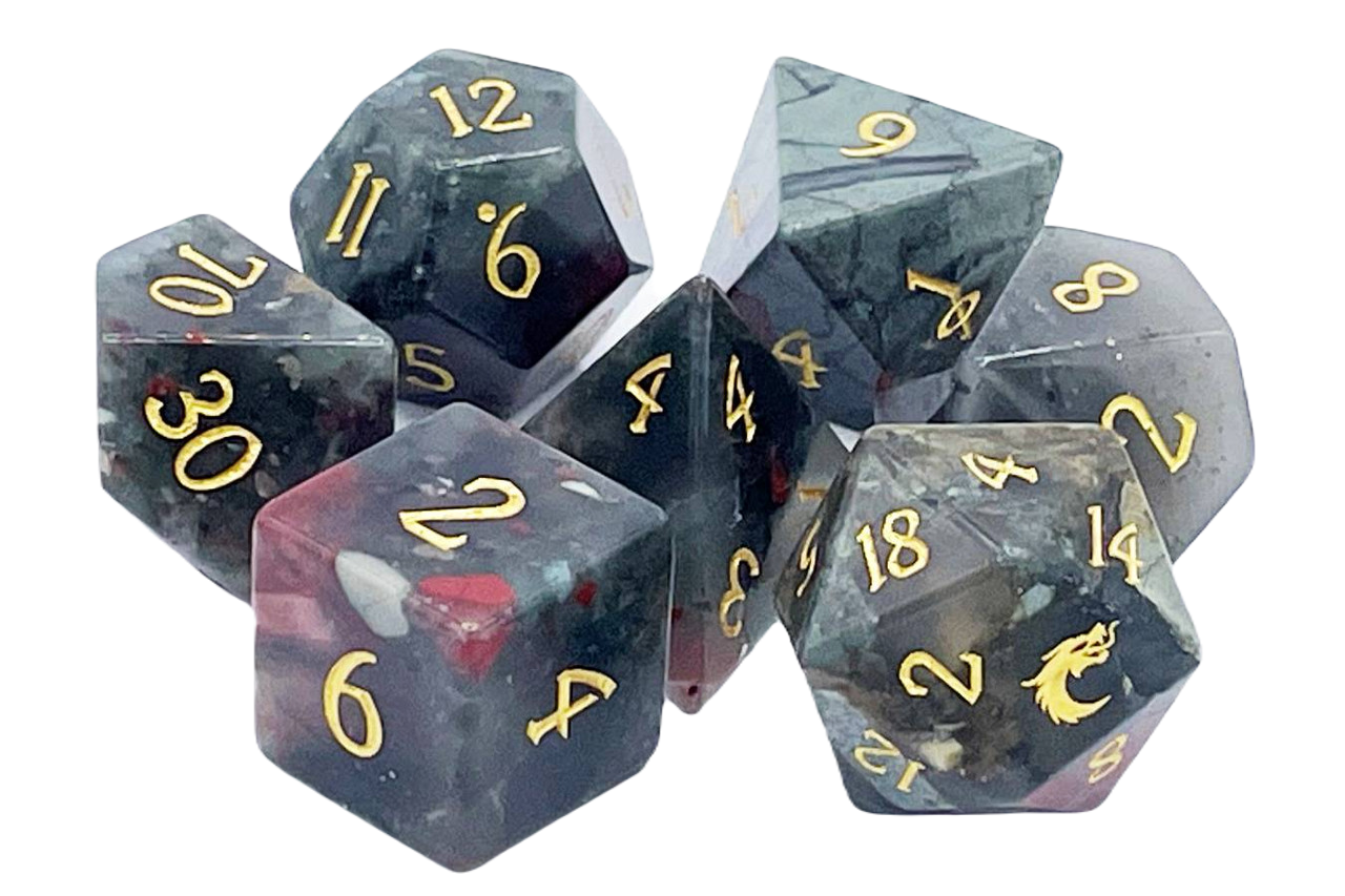Old School Dice 7 Piece DnD RPG Gemstone Set: Bloodstone
