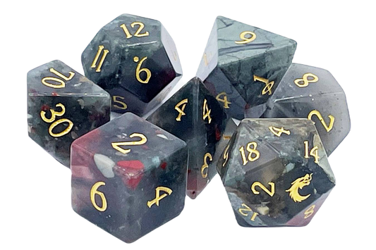 Old School Dice 7 Piece DnD RPG Gemstone Set: Bloodstone