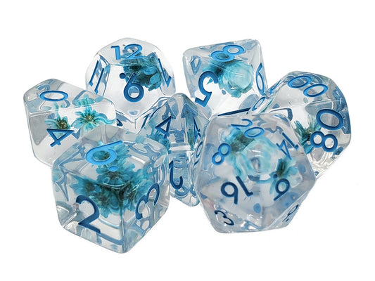 Old School 7 Piece DnD RPG Dice Set: Infused - Flower - Blue