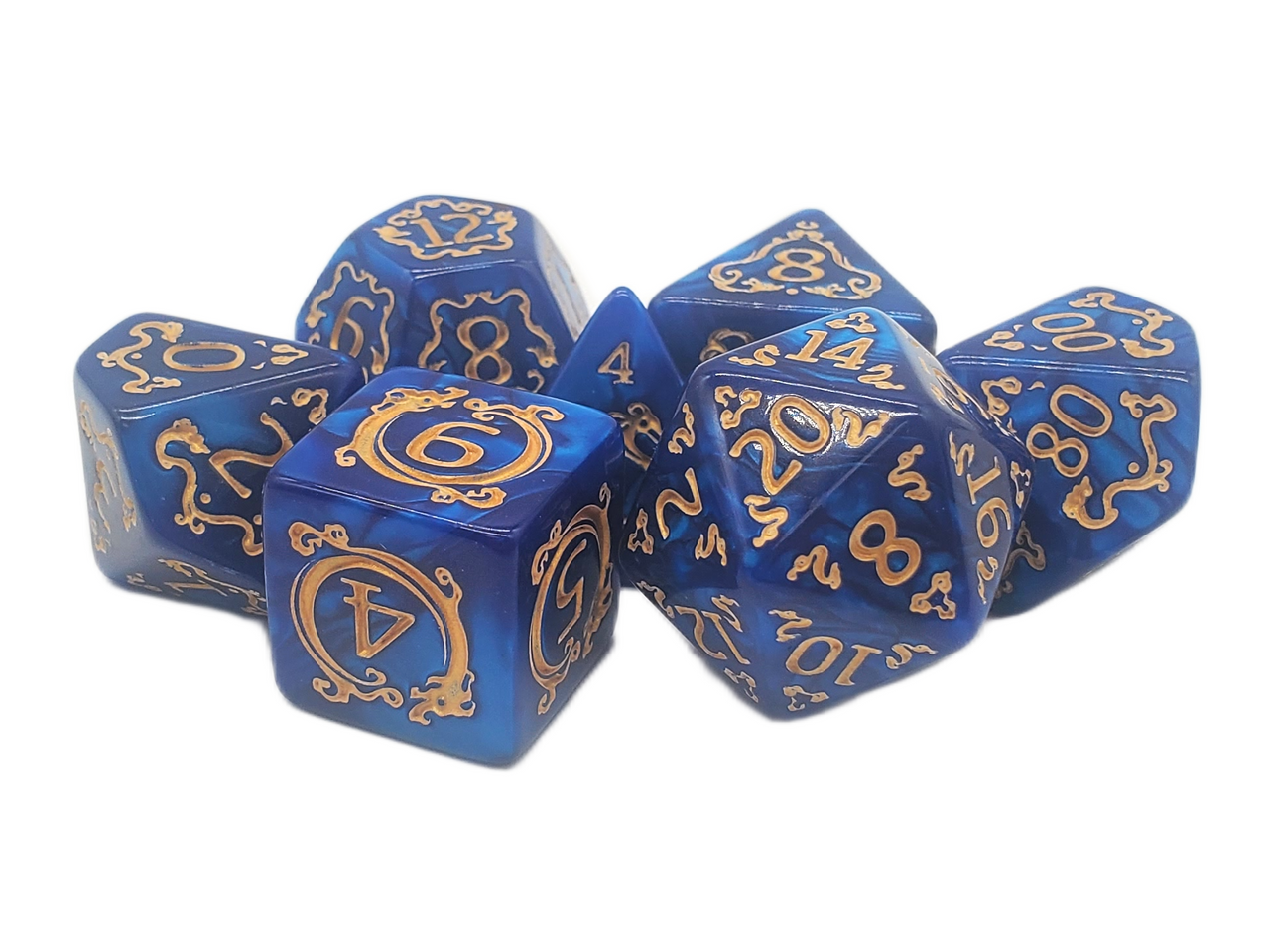 Old School 7 Piece DnD RPG Dice Set: Rune Dice - Coiled Serpent - Blue w/ Gold