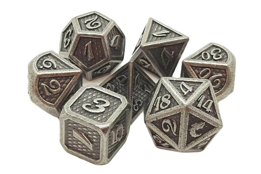 Old School 7 Piece DnD RPG Metal Dice Set: Dragon Scale - Ancient Silver