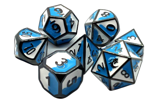 Old School 7 Piece DnD RPG Metal Dice Set: Dragon Forged - Blue & White w/ Black Nickel