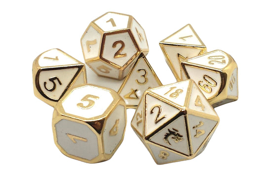 Old School 7 Piece DnD RPG Metal Dice Set: Elven Forged - White w/ Gold