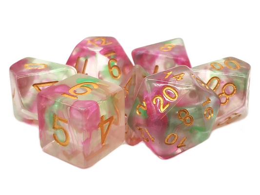 Old School 7 Piece DnD RPG Dice Set: Nebula - Rose Red & Green