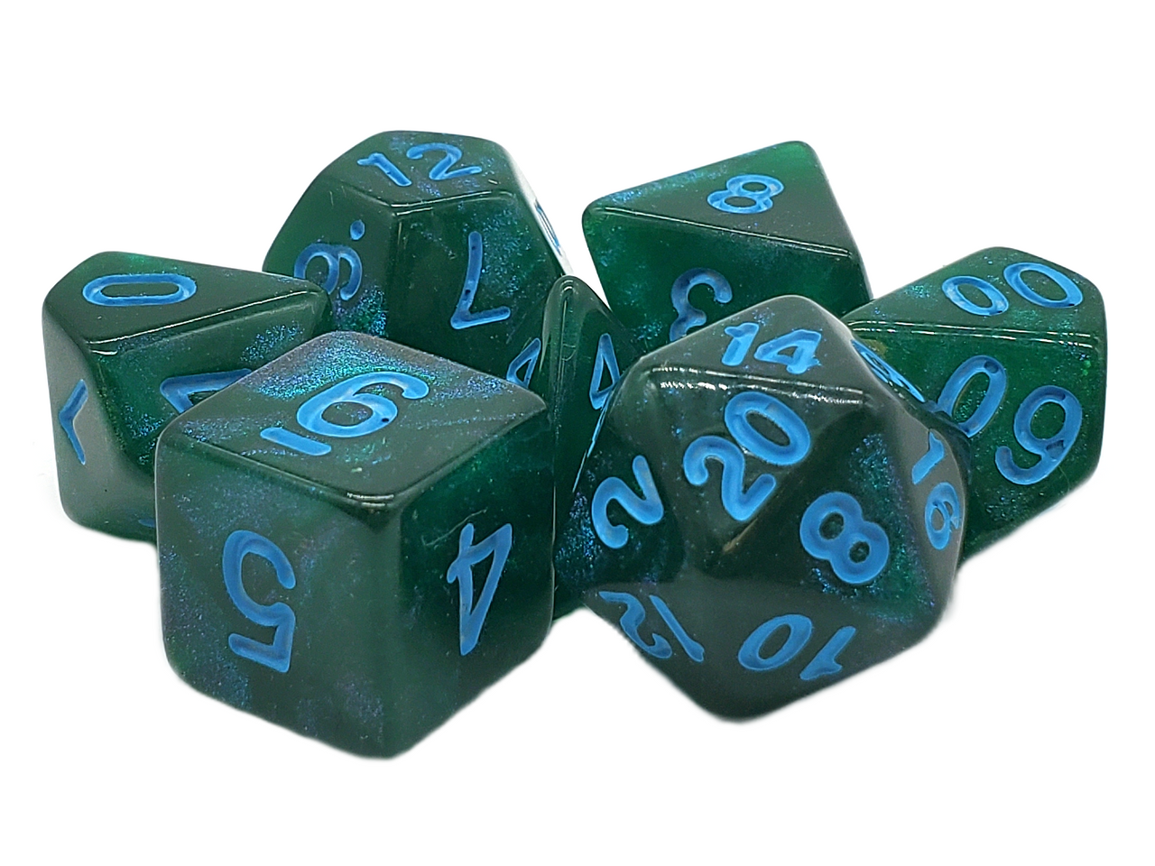 Old School 7 Piece DnD RPG Dice Set: Galaxy - Forest Green Shimmer