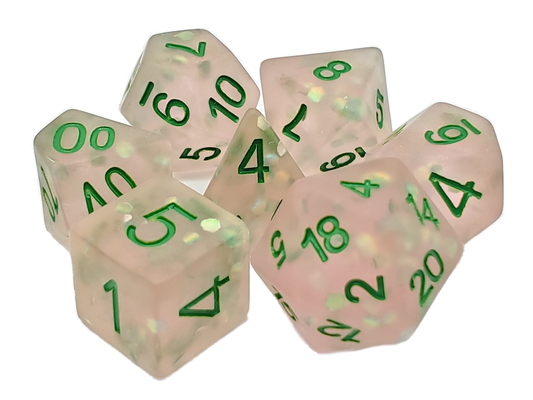 Old School 7 Piece DnD RPG Dice Set: Infused - Frosted Firefly - Pink w/ Green