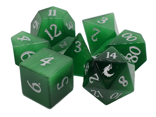 Old School Dice 7 Piece DnD RPG Gemstone Set: Cat's Eye - Green
