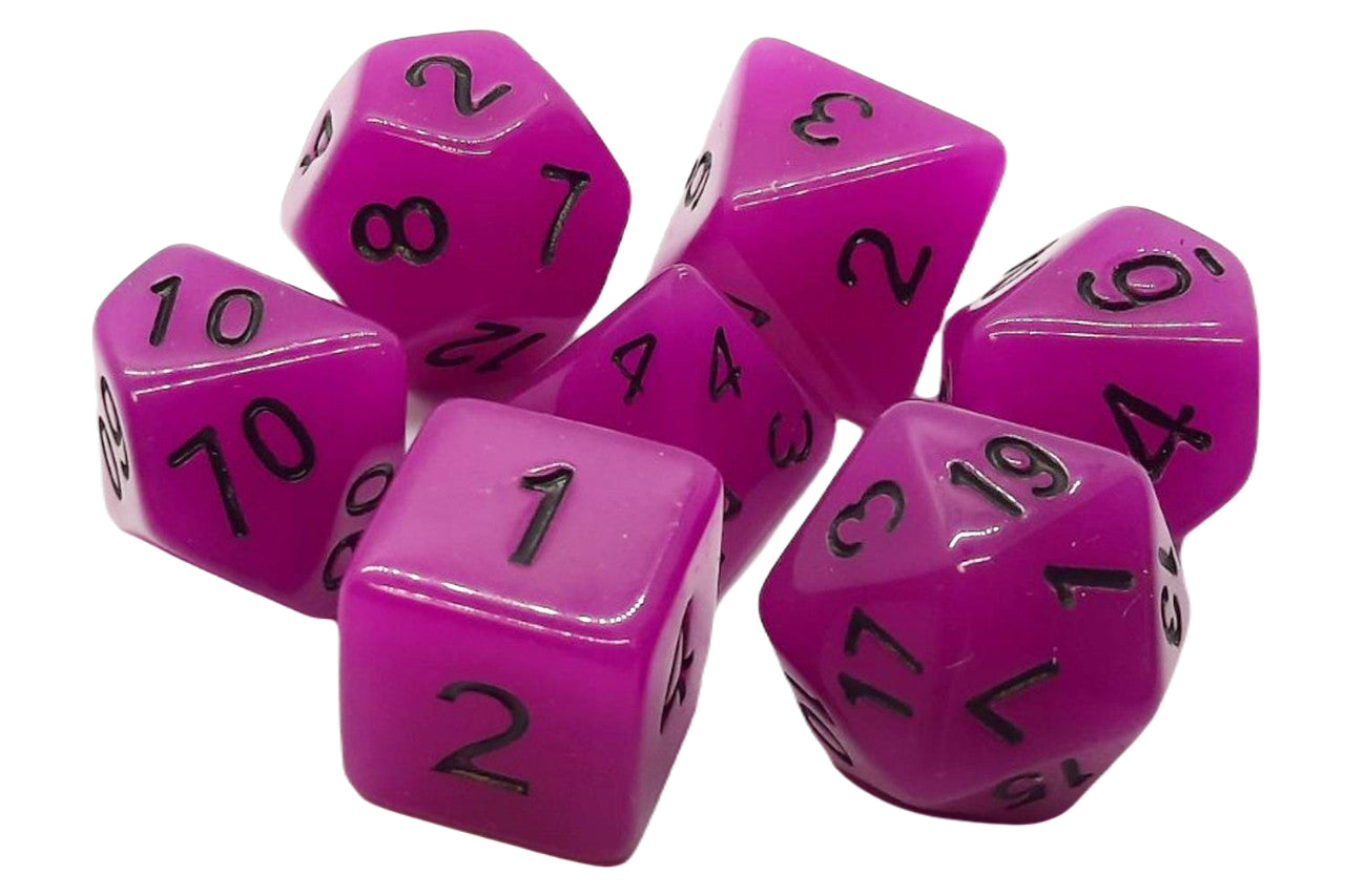 Old School 7 Piece DnD RPG Dice Set: Glow Dice - Purple