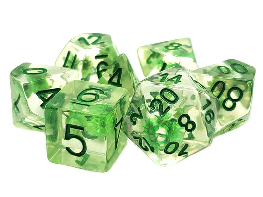 Old School 7 Piece DnD RPG Dice Set: Infused - Green Flower - New