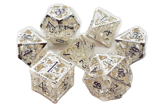 Old School 7 Piece DnD RPG Metal Dice Set: Hollow Dragon Dice - Silver w/ Purple