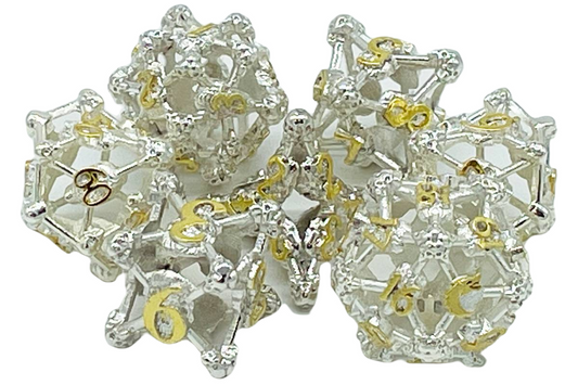 Old School 7 Piece DnD RPG Metal Dice Set: Hollow Skull Dice - Silver w/ Gold