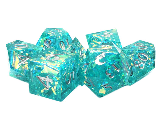Old School 7 Piece DnD RPG Dice Set: Sharp Edged - Jade Blast