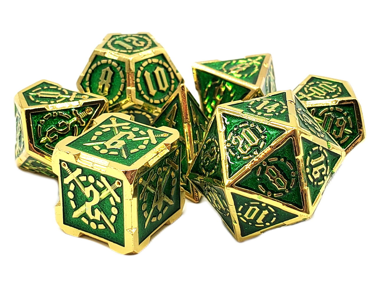 Old School 7 Piece DnD RPG Metal Dice Set: Knights of the Round Table - Green w/ Gold