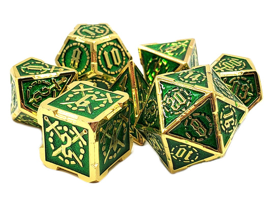 Old School 7 Piece DnD RPG Metal Dice Set: Knights of the Round Table - Green w/ Gold