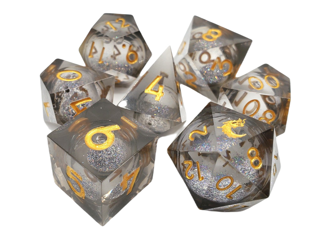 Old School 7-Piece Sharp Edged Dice Set: Liquid Infused - Obsidian Fury