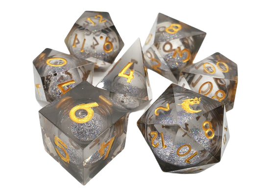 Old School 7-Piece Sharp Edged Dice Set: Liquid Infused - Obsidian Fury