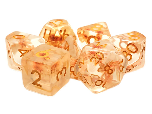 Old School 7 Piece DnD RPG Dice Set: Infused - Orange Flower - New