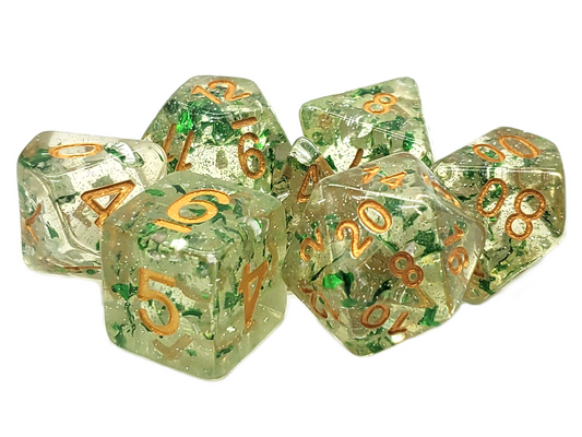 Old School 7 Piece DnD RPG Dice Set: Particles - Metallic Green w/ Gold