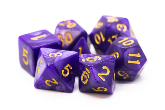 Old School 7 Piece DnD RPG Dice Set: Pearl Drop - Purple w/ Gold
