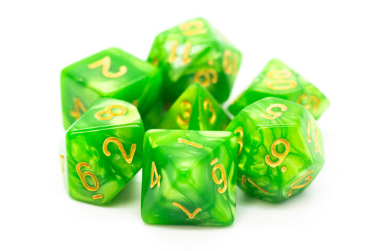 Old School 7 Piece DnD RPG Dice Set: Pearl Drop - Light Green w/ Gold
