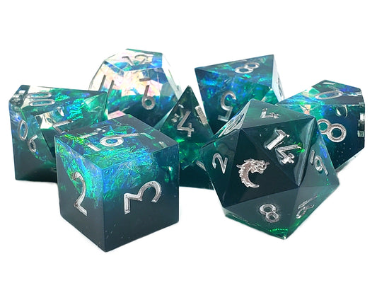 Old School 7 Piece DnD RPG Dice Set: Sharp Edged - Emerald Forest
