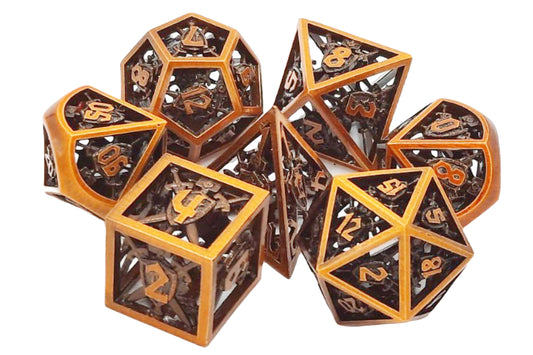 Old School 7 Piece DnD RPG Metal Dice Set: Hollow Sword & Shield Dice - Brushed Brass