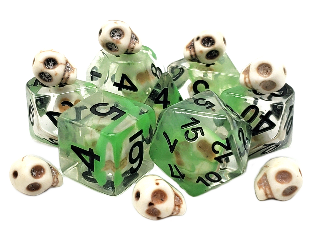 Old School 7 Piece DnD RPG Dice Set: Infused - Skull w/ Green