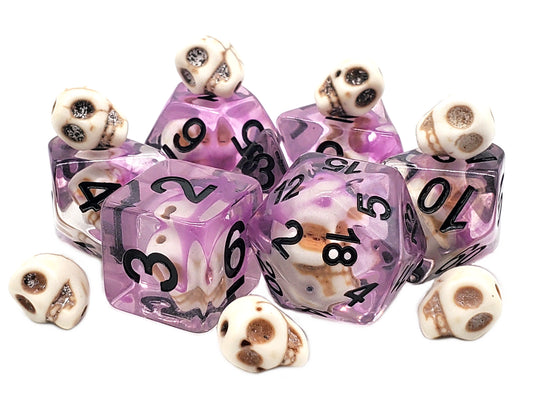 Old School 7 Piece DnD RPG Dice Set: Infused - Skull w/ Purple