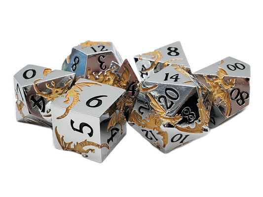 Old School 7 Piece DnD RPG Metal Dice Set: Soaring Dragon - Silver w/ Gold
