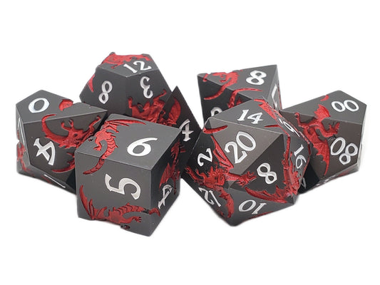 Old School 7 Piece DnD RPG Metal Dice Set: Soaring Dragon - Matte Black w/ Red