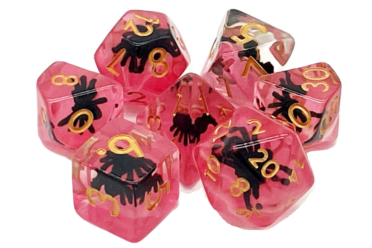 Old School 7 Piece DnD RPG Dice Set: Animal Kingdom - Spider - Black w/ Red