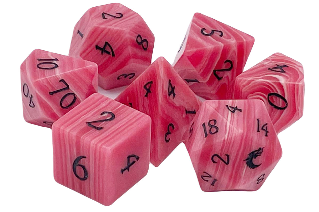 Old School Dice 7 Piece DnD RPG Gemstone Set: Striped Red Rose Agate