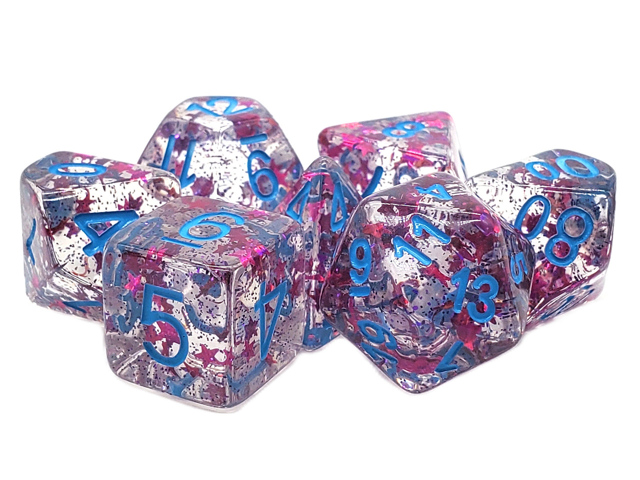 Old School 7 Piece DnD RPG Dice Set: Infused - Red Stars w/ Blue