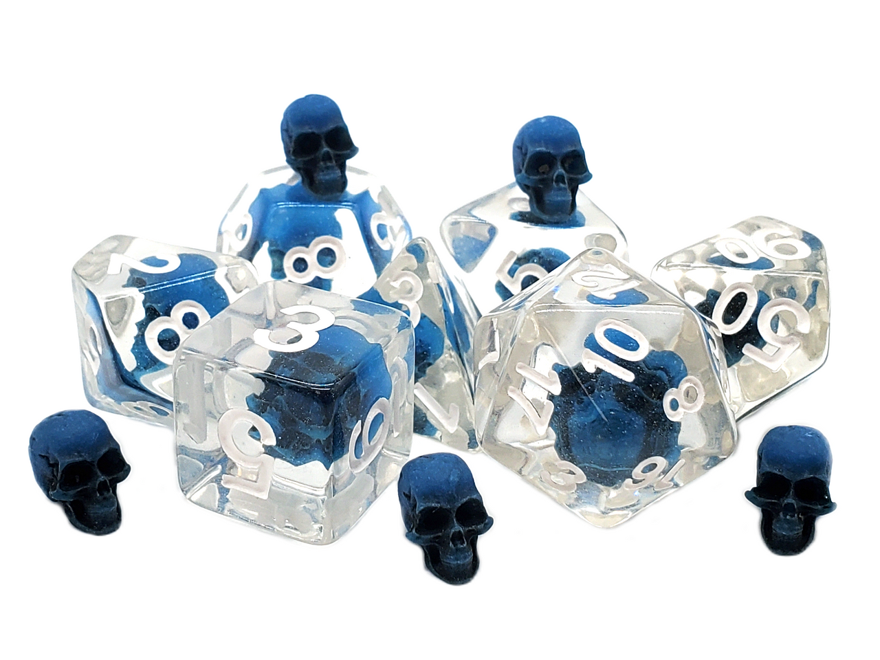 Old School 7 Piece DnD RPG Dice Set: Infused - Skull Blue w/ White