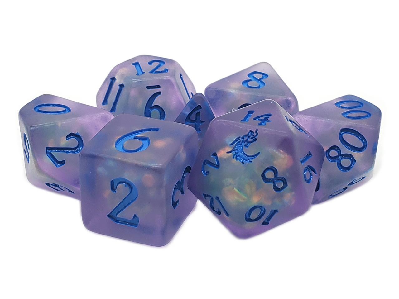 Old School 7 Piece DnD RPG Dice Set: Infused - Frosted Firefly - Lavender w/ Blue - New Design