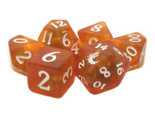Old School 7 Piece DnD RPG Dice Set: Infused - Frosted Firefly - Orange Burst