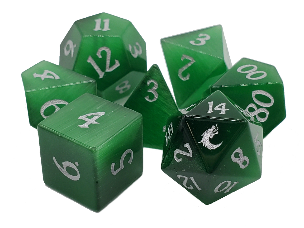 Old School Dice 7 Piece DnD RPG Gemstone Set: Cat's Eye - Green