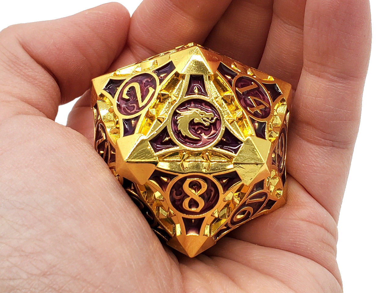 Old School Dice: Metal 40mm D20 - Gnome Forged - Gold w/ Purple