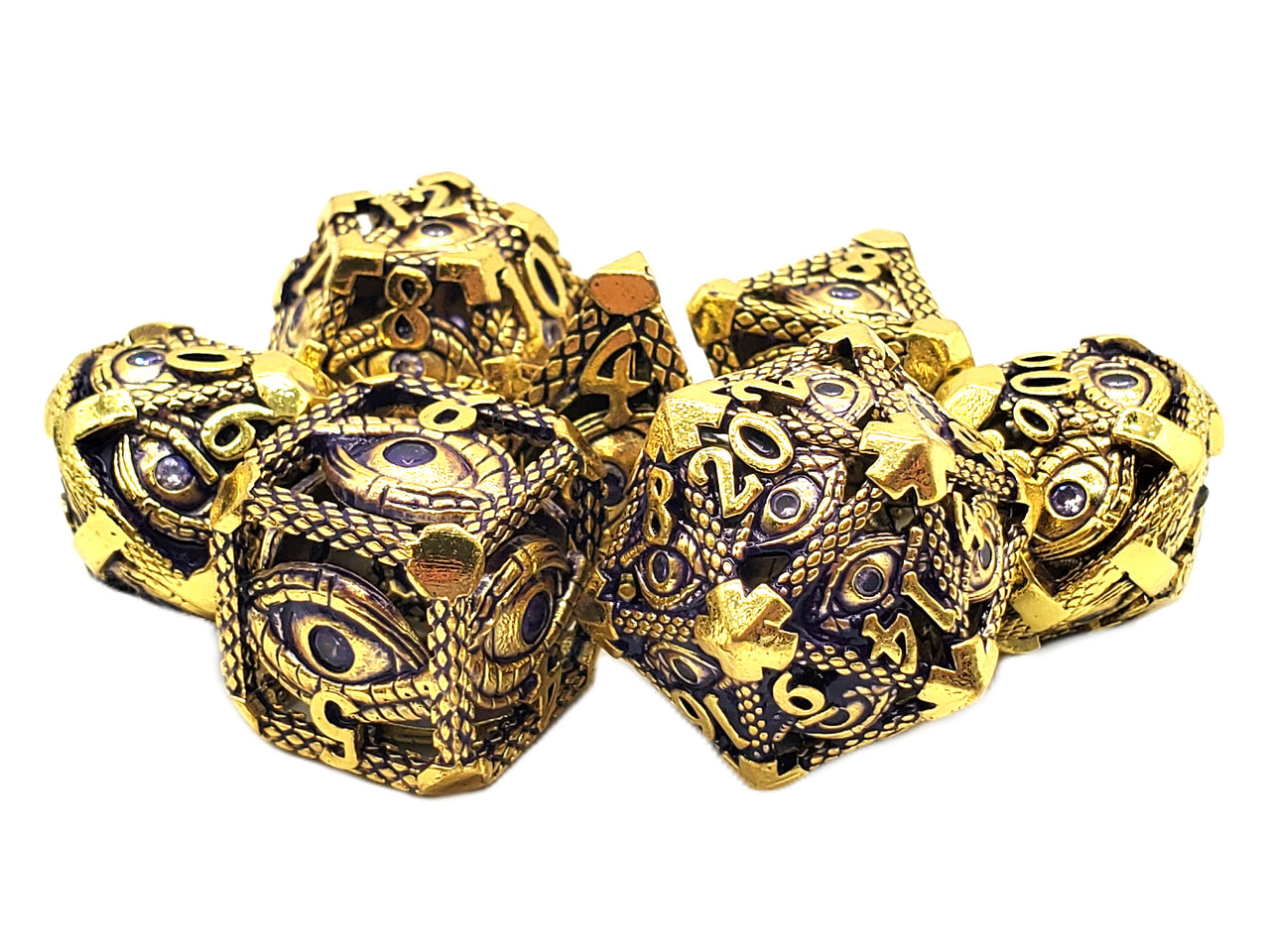 Old School Dice: Hollow Metal 7-Piece Set - All Seeing Eye - Gold w/ Purple