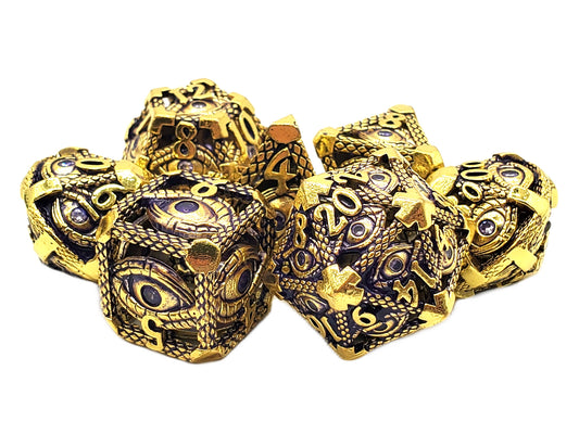 Old School Dice: Hollow Metal 7-Piece Set - All Seeing Eye - Gold w/ Purple