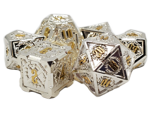 Old School 7 Piece DnD RPG Metal Dice Set: Knights of the Round Table - Silver w/ Gold