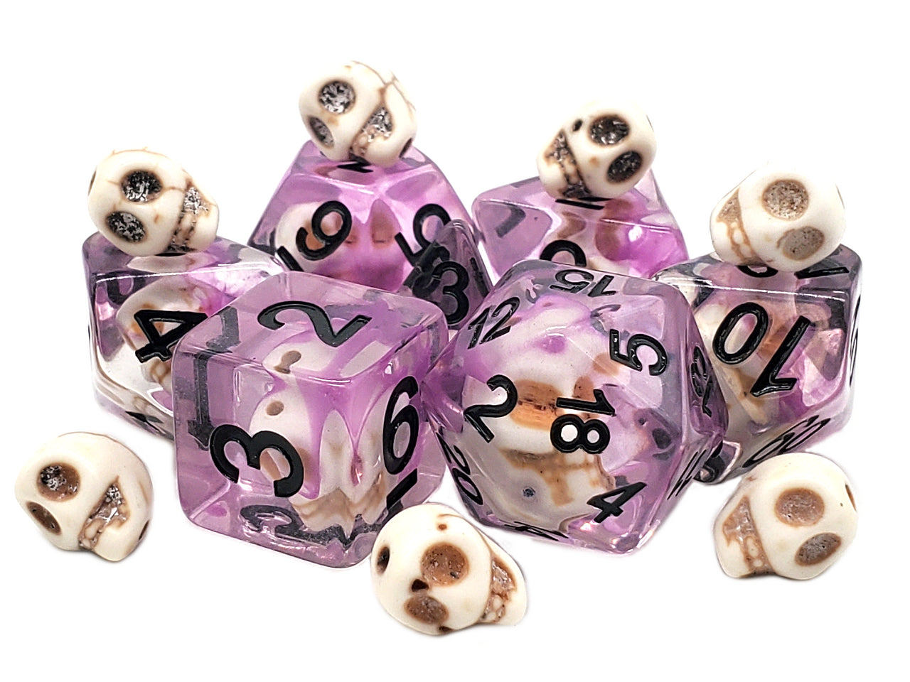Old School 7 Piece DnD RPG Dice Set: Infused - Skull w/ Purple