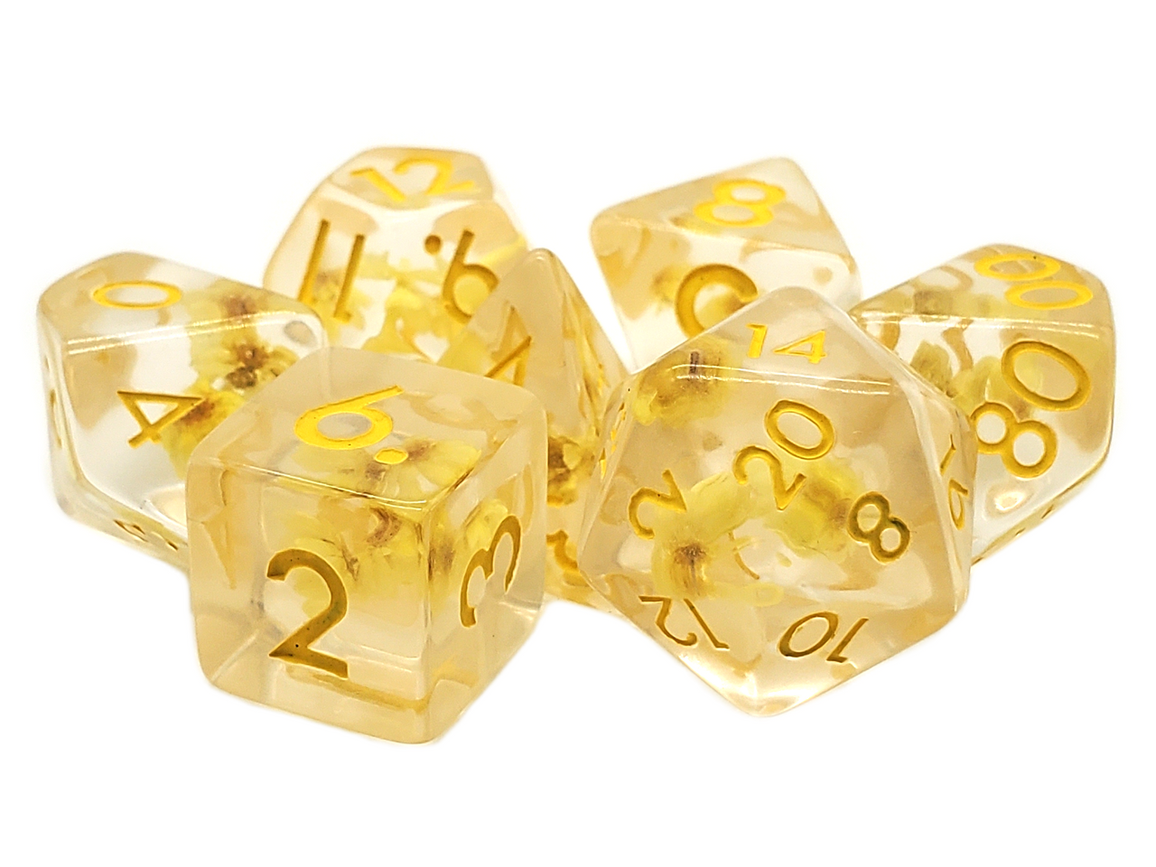 Old School 7 Piece DnD RPG Dice Set: Infused - Flower - Yellow